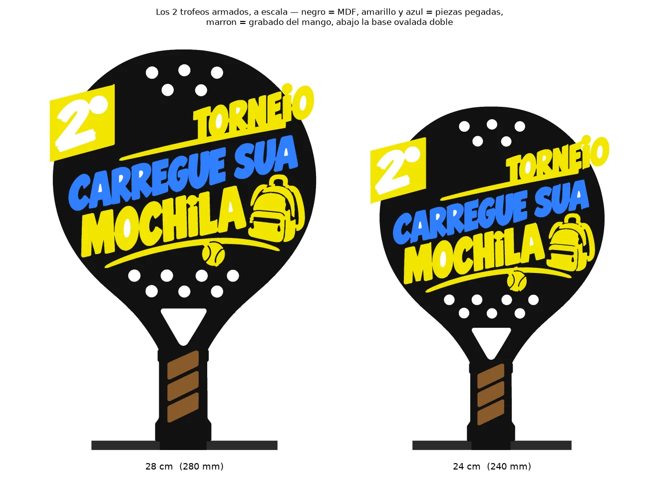 Trofeo armado con medidas, 24 y 28 cm