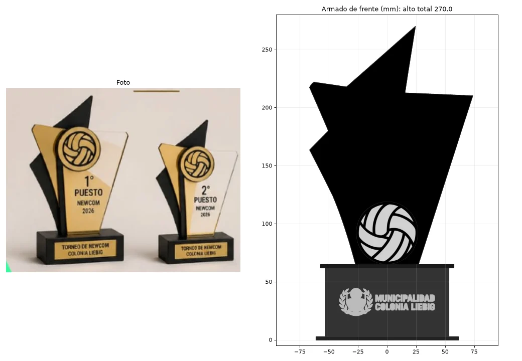 Referencia y trofeo armado, con medidas